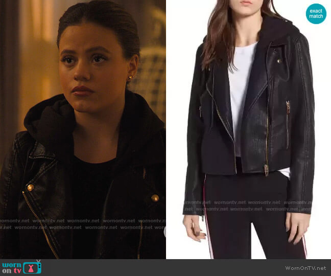 Blank NYC Meant to Be Moto Jacket with Removable Hood worn by Maggie Vera (Sarah Jeffery) on Charmed