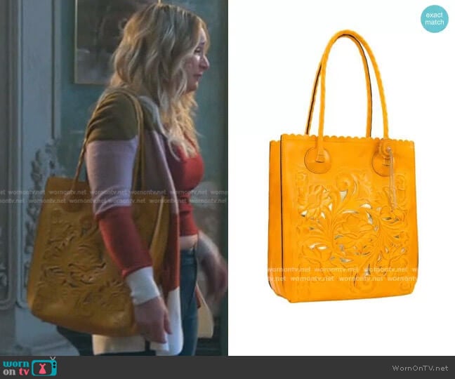 Cavo Tooled Leather Tote by Patricia Nash worn by Davia (Emma Hunton) on Good Trouble