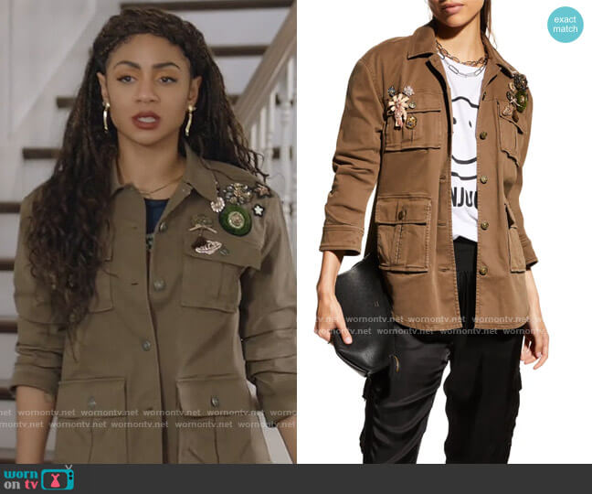 Vera Bejeweled Twill Jacket by Cinq a Sept worn by Patience (Chelsea Tavares) on All American