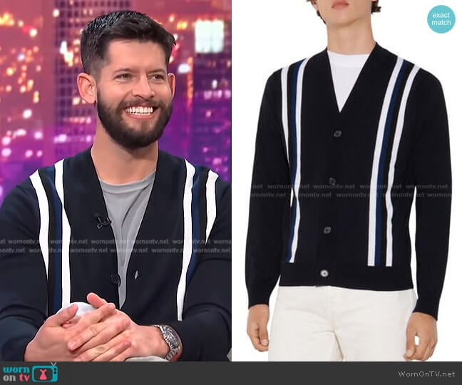 College Wool Striped Button Cardigan by Sandro worn by Hunter March on E! News Nightly Pop