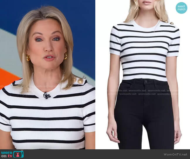 Delphine Stripe Short Sleeve Sweater by L'Agence worn by Amy Robach on Good Morning America