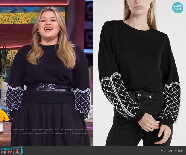 Pearl Embellished Sweater by Express worn by Kelly Clarkson on The Kelly Clarkson Show