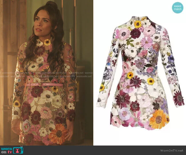 Embroidered Flower Bell Skirt Dress by Oscar de la Renta worn by Cristal Jennings (Daniella Alonso) on Dynasty