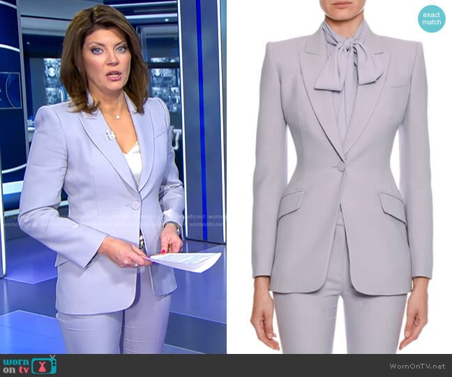 Fitted Flap-Pocket Wool-Silk Blazer by Alexander McQueen worn by Norah O'Donnell on CBS Evening News