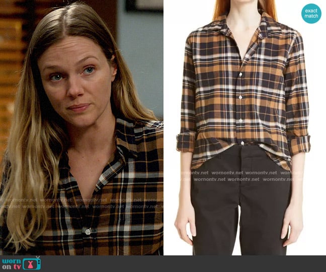 Frank & Eileen Barry Flannel Button-Up Shirt in Black Brown Camel Plaid worn by Hailey Upton (Tracy Spiridakos) on Chicago PD