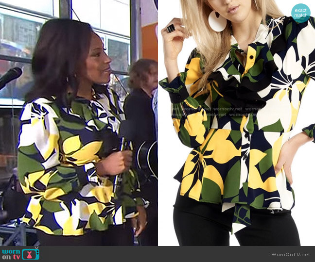 Leaves Print Tie Neck Top by Gracia worn by Sheinelle Jones on Today