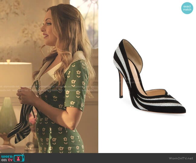 Glitter Stripe Suede & Silk Pumps by Gianvito Rossi worn by Fallon Carrington (Elizabeth Gillies) on Dynasty