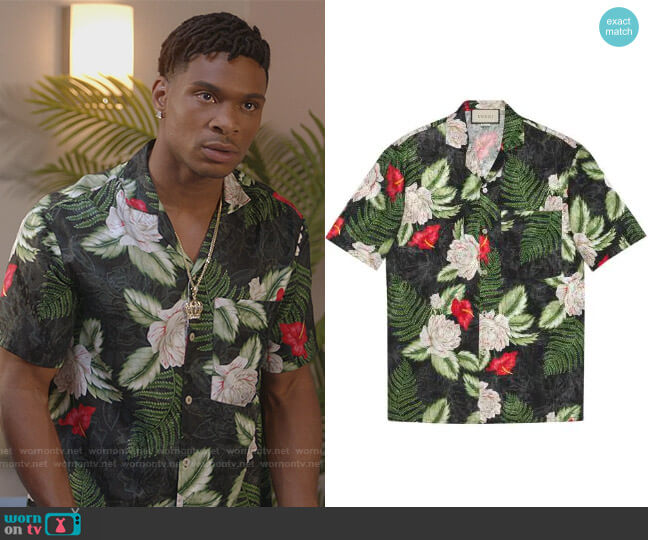 Leaf Print Short Sleeve Shirt by Gucci worn by Christian King (Ashlee Brian) on The Kings of Napa