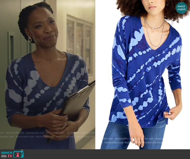 Tie-Dyed V-Neck Step-Hem Sweater by INC International Concepts worn by Grace James (Karimah Westbrook) on All American