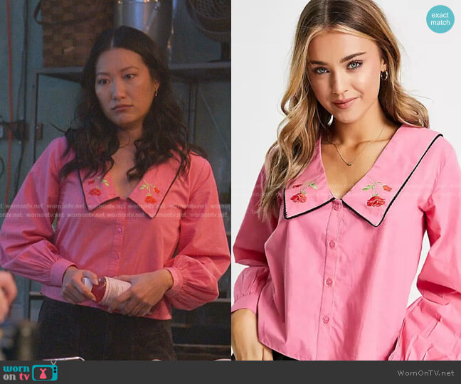 Blouse with Peter Pan Embroidered Collar by Influence at Asos worn by Kara Wang on Good Trouble