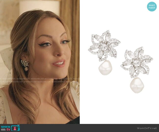 Claudia Silvertone, Crystal & Glass Pearl Drop Earrings by Jennifer Behr worn by Fallon Carrington (Elizabeth Gillies) on Dynasty