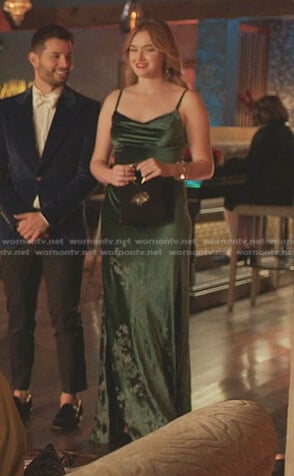 Kirby's green floral embroidered velvet dress on Dynasty