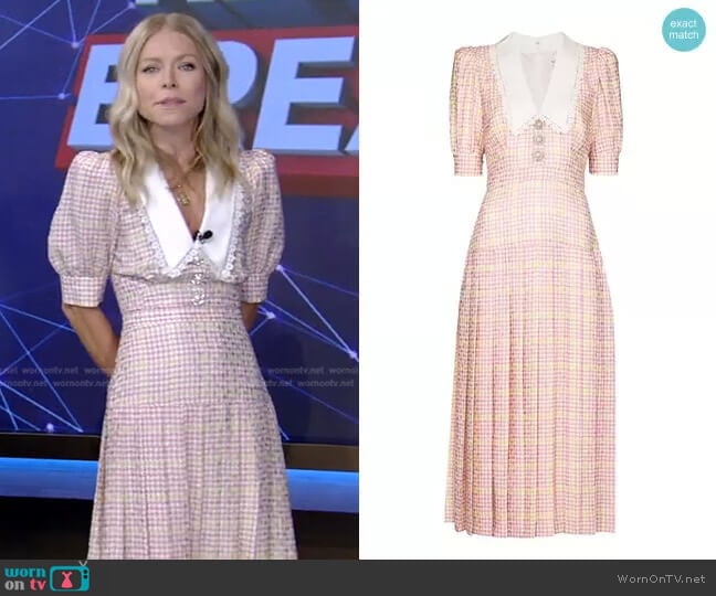 Lace-Trimmed Houndstooth Midi Dress by Alessandra Rich worn by Kelly Ripa on Live with Kelly and Ryan