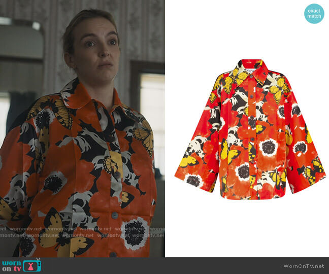 Floral shirt jacket by Loewe worn by Villanelle (Jodie Comer) on Killing Eve