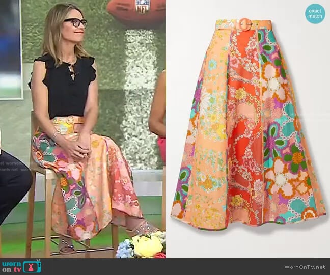 Lola Belted Paneled Floral-Print Linen Midi Skirt by Zimmermann worn by Savannah Guthrie on Today