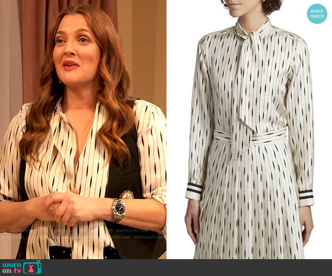 Cam Shania Neck-Tie Silk-Twill Blouse by Lora Piana worn by Drew Barrymore on The Drew Barrymore Show