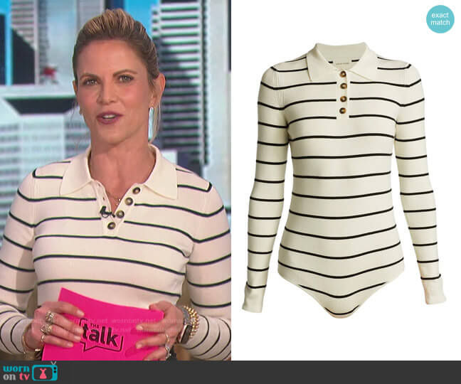 Striped Long-Sleeve Polo Bodysuit by Loulou Studio worn by Natalie Morales  on The Talk