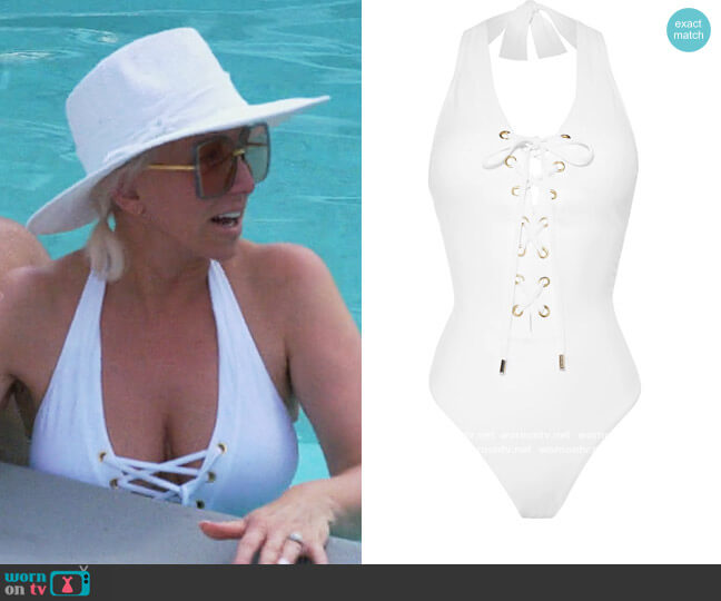 Puerto Rico lace-up halterneck swimsuit by Melissa Odabash worn by Margaret Josephs on The Real Housewives of New Jersey