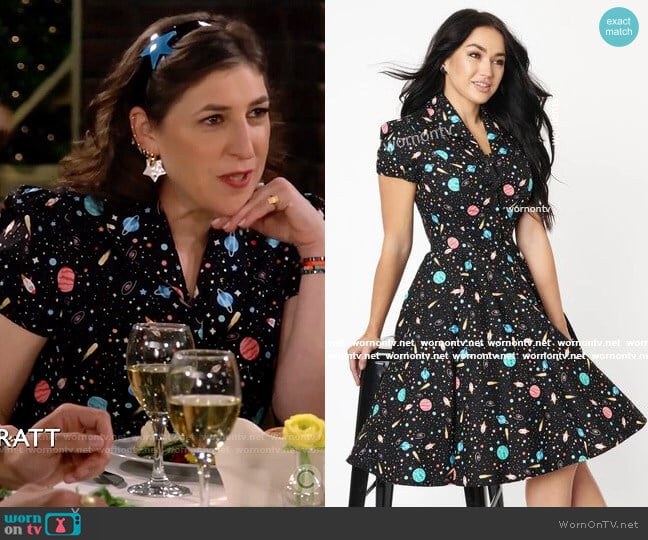 Magnolia Place Star System Print Mona Swing Dress worn by Kat Silver (Mayim Bialik) on Call Me Kat