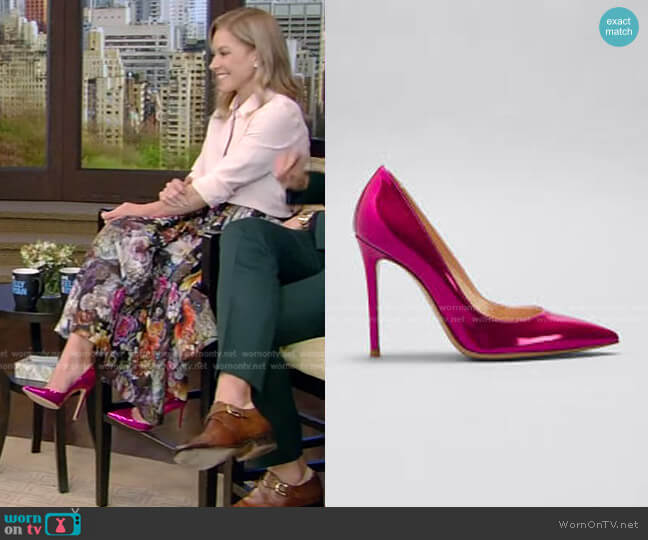 Mirror Calfskin Stiletto Pumps by Gianvito Rossi worn by Kelly Ripa on Live with Kelly and Mark