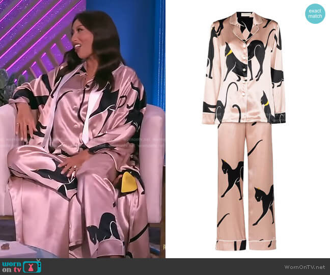 Lila Sia Cat-Print Silk Pyjama by Olivia von Halle worn by Jeannie Mai on The Real