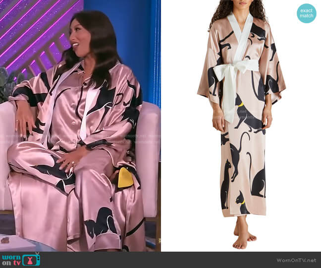 Queenie Cat-Print Long Silk Robe by Olivia von Halle worn by Jeannie Mai on The Real