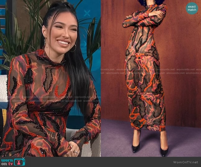 Zusi Beaded Printed Mesh Midi Dress by Onalaja worn by Bre Tiesi on E! News Daily Pop