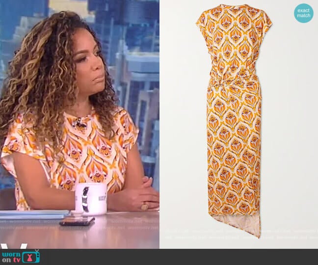 Printed stretch-jersey wrap-effect maxi dress by Paco Rabanne worn by Sunny Hostin on The View