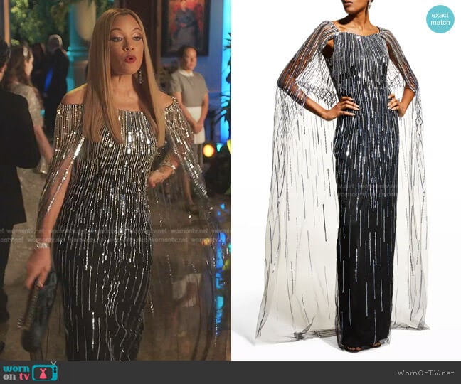 Beaded Cape Gown by Pamella Roland worn by Dominique Deveraux (Michael Michele) on Dynasty