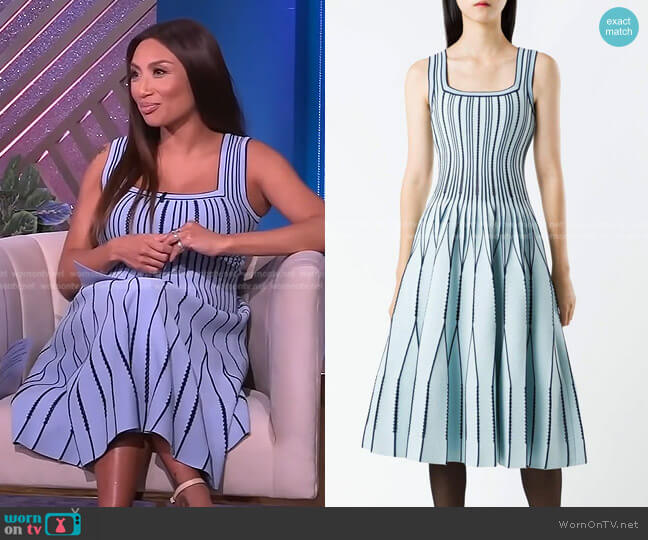 Origami Pleat Square Neck Architectured Flare Midi Dress by RVN worn by Jeannie Mai on The Real