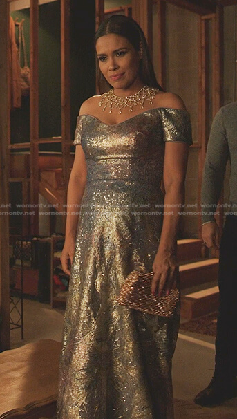 Rita's sequin off-shoulder gown on Dynasty