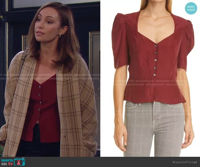 Shirred Silk Peplum Blouse by Frame worn by Gwen Rizczech (Emily O'Brien) on Days of our Lives