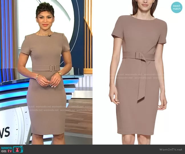 Short-Sleeve Belted Sheath Dress by Calvin Klein worn by Jericka Duncan on CBS Evening News