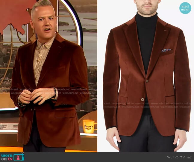 Slim-Fit Brown Velvet Blazer by Tallia worn by Ross Mathew on The Drew Barrymore Show worn by Ross Mathews on The Drew Barrymore Show