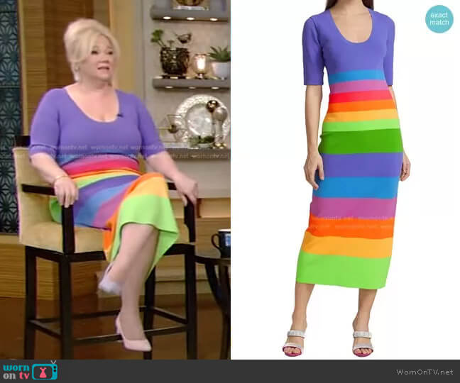 Striped Colorblock Midi-Dress by Christopher John Rogers worn by Caroline Rhea on Live with Kelly and Ryan