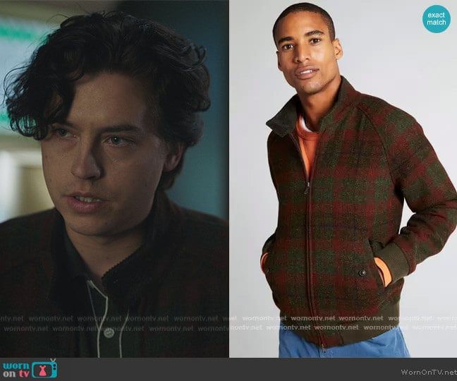 Harris Tweed Varsity Jacket in Olive by Todd Snyder worn by Jughead Jones (Cole Sprouse) on Riverdale