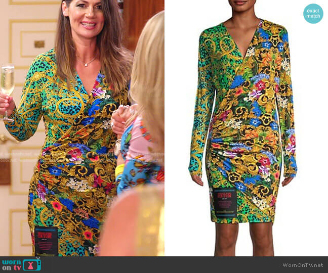 Mix-Print Faux-Wrap Bodycon Dress by Versace Jeans Couture worn by Julia Lemigova  on The Real Housewives of Miami