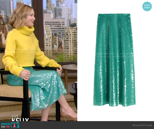 Flared Sequin Midi Skirt by Victoria Beckham worn by Leslie Mann on Live with Kelly and Ryan