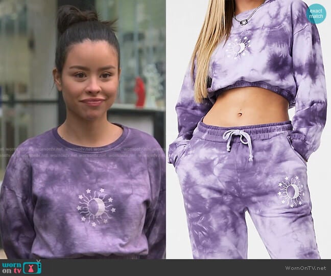 Coordinating Cropped Sweatshirt with Celestial Print in Tie Dye by Wednesday's Girl worn by Mariana Foster (Cierra Ramirez) on Good Trouble