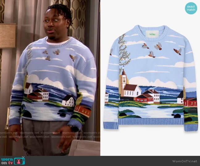 Yitai Spring Revival Embroidery Knit Jumper worn by Marty (Marcel Spears) on The Neighborhood