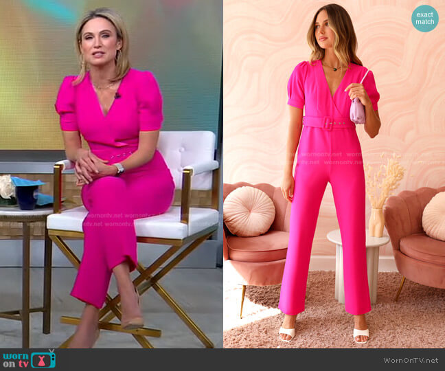 WornOnTV: Amy’s pink puff sleeve belted jumpsuit on Good Morning ...