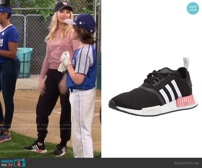 Adidas NMD_r1 Sneakers in Black White Hazy Rose worn by Gemma (Beth Behrs) on The Neighborhood