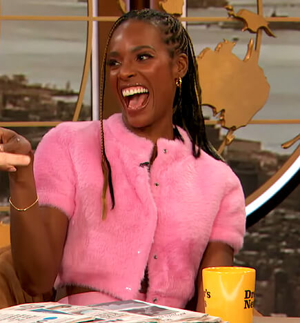 Zainab Johnson's pink fluffy short sleeve sweater on The Drew Barrymore Show