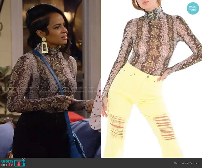 AFRM Zadie Top in Lime Snake worn by Randi (Kyla Pratt) on Call Me Kat