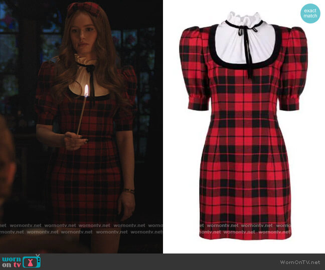 Tartan Check print wool dress by Alessandra Rich worn by Cheryl Blossom (Madelaine Petsch) on Riverdale