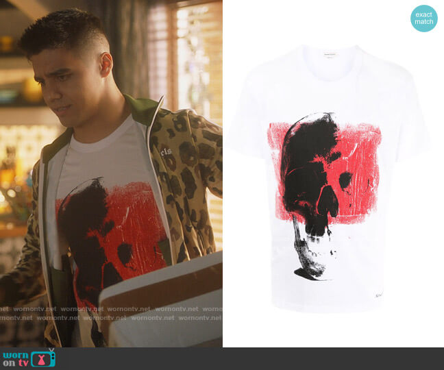 Punk Skull oversized T-shirt by Alexander McQueen worn by Vivek Shah (Jordan Buhat) on Grown-ish