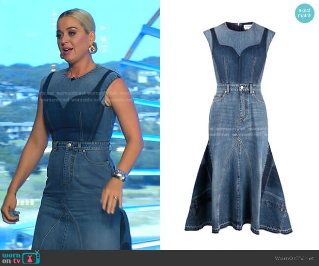 Reconstructed Denim Midi Dress by Alexander McQueen worn by Katy Perry on American Idol