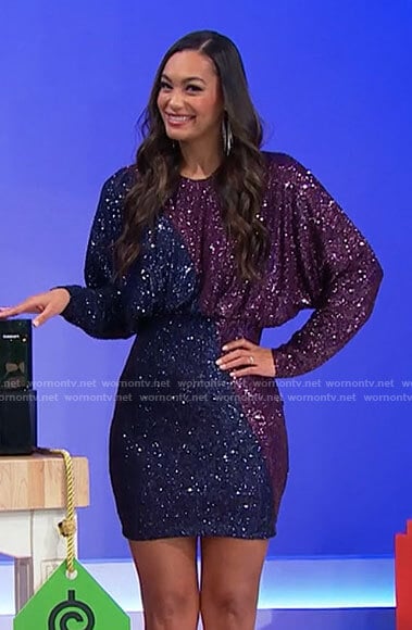 Alexis’s blue and purple sequin mini dress on The Price is Right