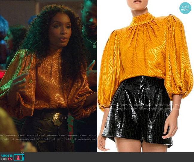 Annabelle Mock Neck Puff Sleeve Top by Alice + Olivia worn by Zoey Johnson (Yara Shahidi) on Grown-ish