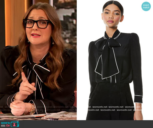 Jeannie Bow Collar Button Down Blouse by Alice + Olivia worn by Drew Barrymore  on The Drew Barrymore Show